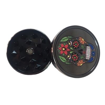 GRINDER PLÁSTICO PLATEADO 40MM CALAVERA COLORES/FLOR ROJA