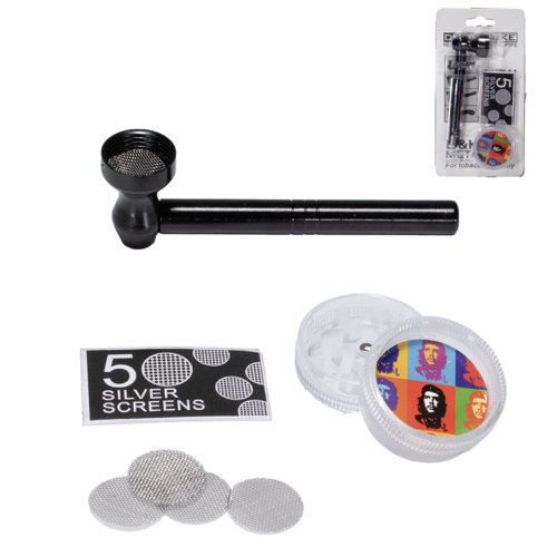 SET PIPA METAL NEGRO/CABEZAL NEGRO 80MM + GRINDER PLÁSTICO DISEÑOS VARIADOS (SEGÚN DISPONIBILIDAD)'