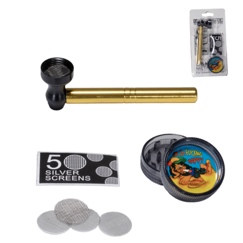 SET PIPA METAL AMARILLO/CABEZAL NEGRO 80MM + GRINDER PLÁSTICO DISEÑO VARIADO (SEGÚN DISPONIBILIDAD)'