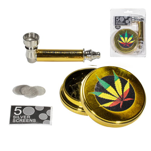 PIPA METAL DORADA 80MM + GRINDER DORADO HOJA RASTA 60MM + REJILLA