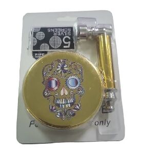 PIPA METAL DORADO 80MM + GRINDER DORADO CALAVERA AZUL 60MM + REJILLA