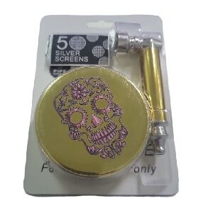 PIPA METAL DORADO 80MM + GRINDER DORADO CALAVERA ROSA 60MM + REJILLA