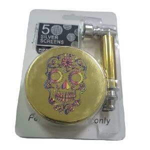 PIPA METAL DORADO 80MM + GRINDER DORADO CALAVERA COLORES 60MM + REJILLA