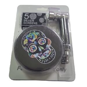 PIPA METAL NEGRA 80MM + GRINDER NEGRO CALAVERA ROSA 60MM + REJILLA