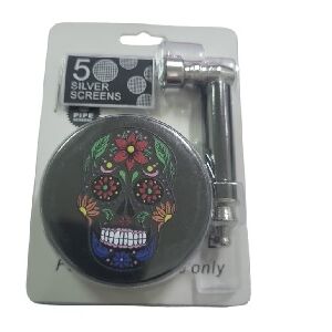 PIPA METAL NEGRA 80MM + GRINDER NEGRO CALAVERA FLOR 60MM + REJILLA