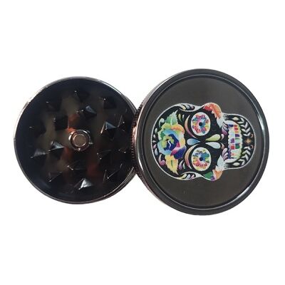 GRINDER PLÁSTICO PLATEADO 40MM CALAVERA/FLORES MULTICOLOR