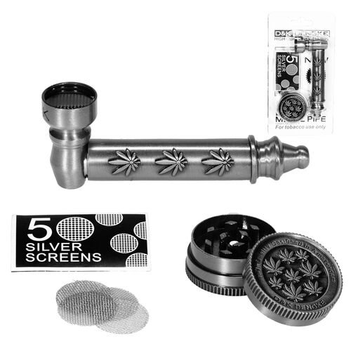 SET PIPA METAL PLATEADO HOJAS 80MM + GRINDER DECORADO HOJAS 30MM + REJILLA