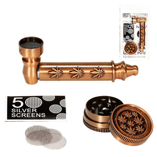 SET PIPA METAL BRONCE HOJAS 80MM + GRINDER DECORADO HOJAS 30MM + REJILLA