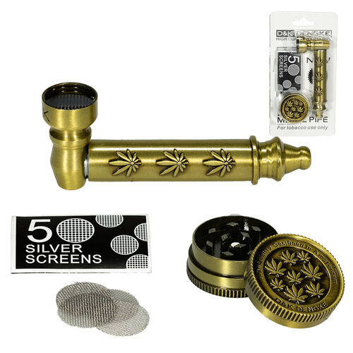 SET PIPA METAL DORADO HOJAS 80MM + GRINDER DECORADO HOJAS 30MM + REJILLA